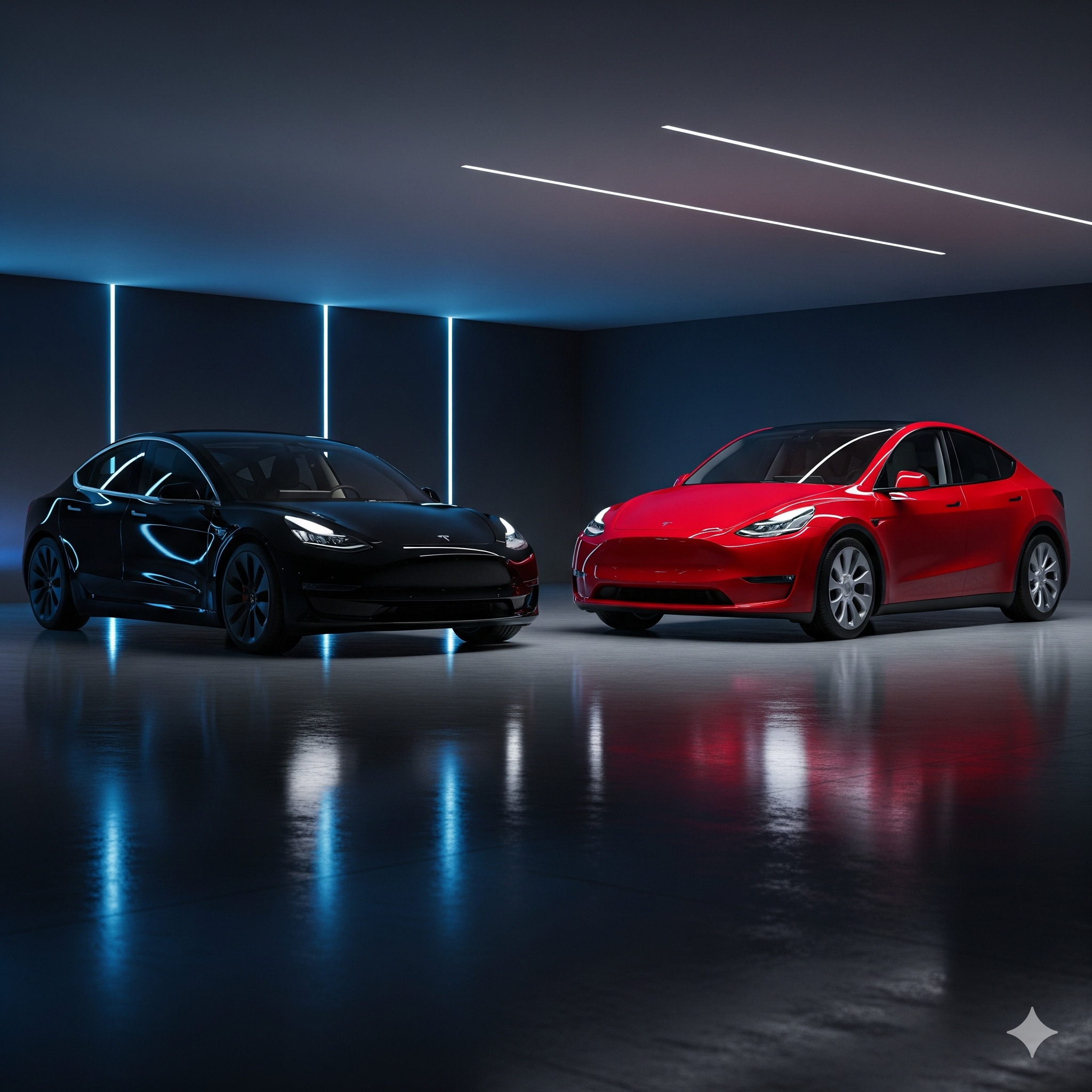 Tesla Model 3 noire et Model Y rouge dans un showroom aux neons bleus
